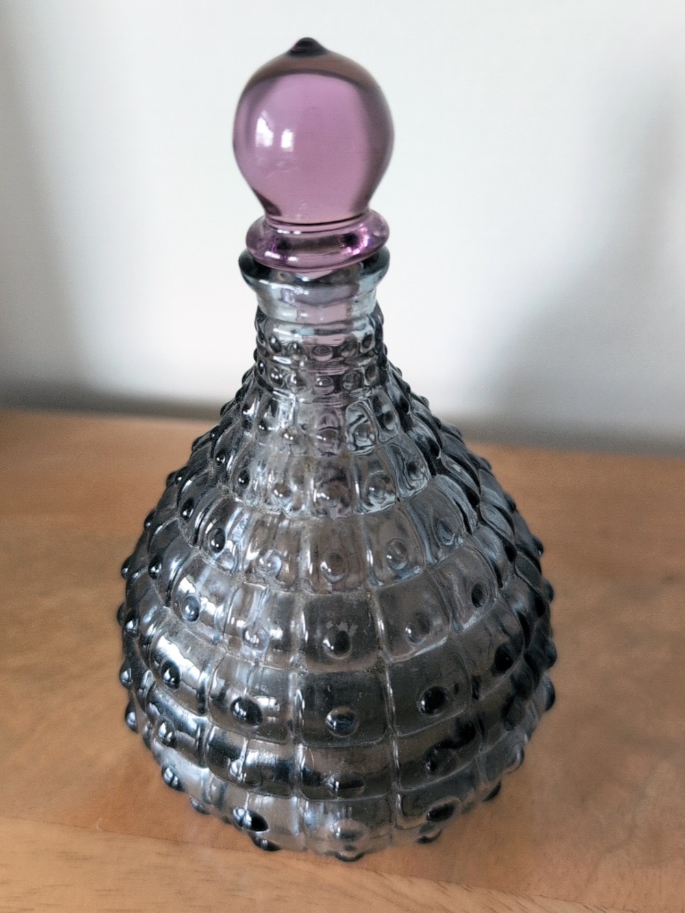 Vintage Art Glass Perfume Bottle Gray Hobnail Yngaren Ikea w/ Purple Stopper